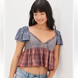 NWOT American Eagle V-Neck Plaid Babydoll Top